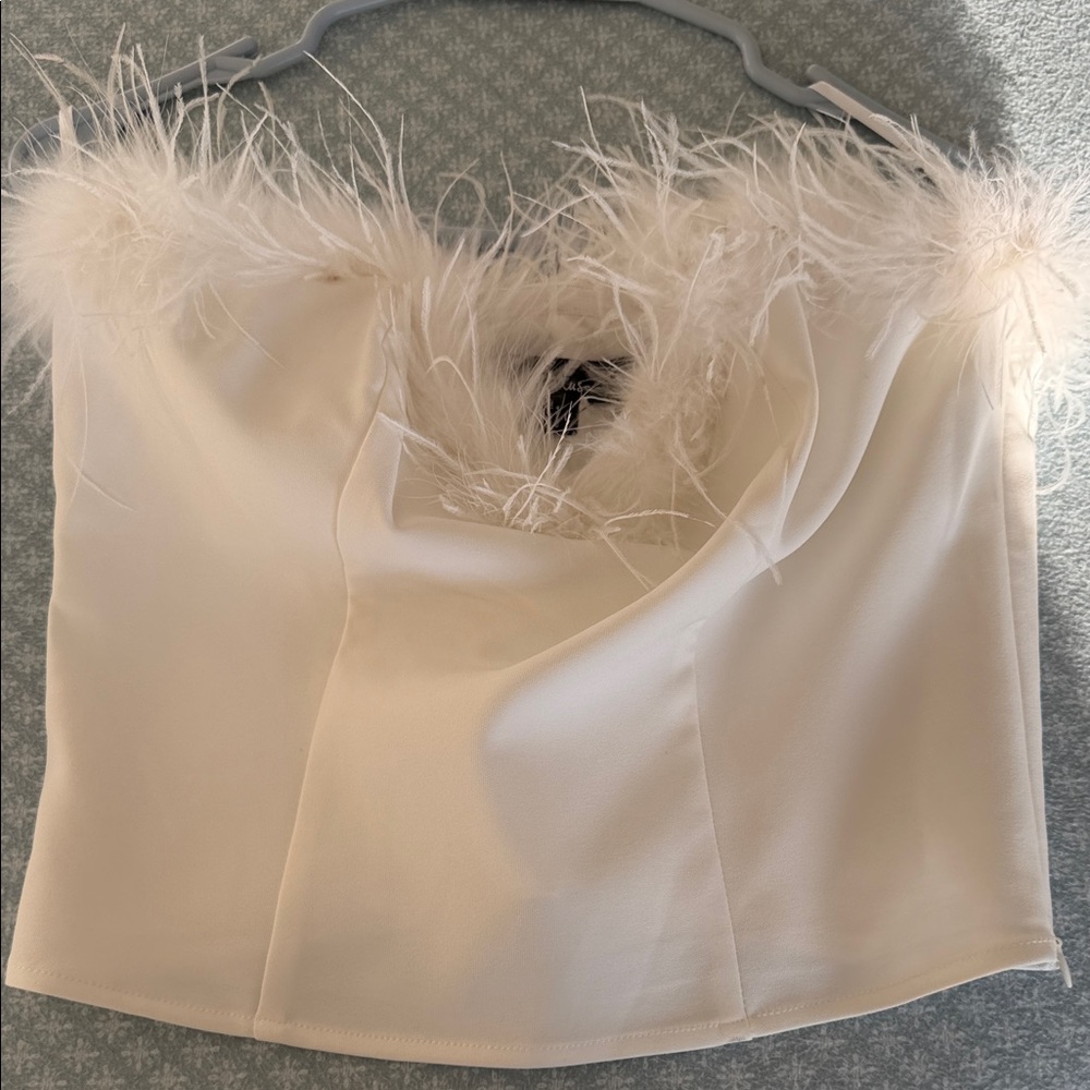 Lulu's Cream Feather-Trimmed Crop Top